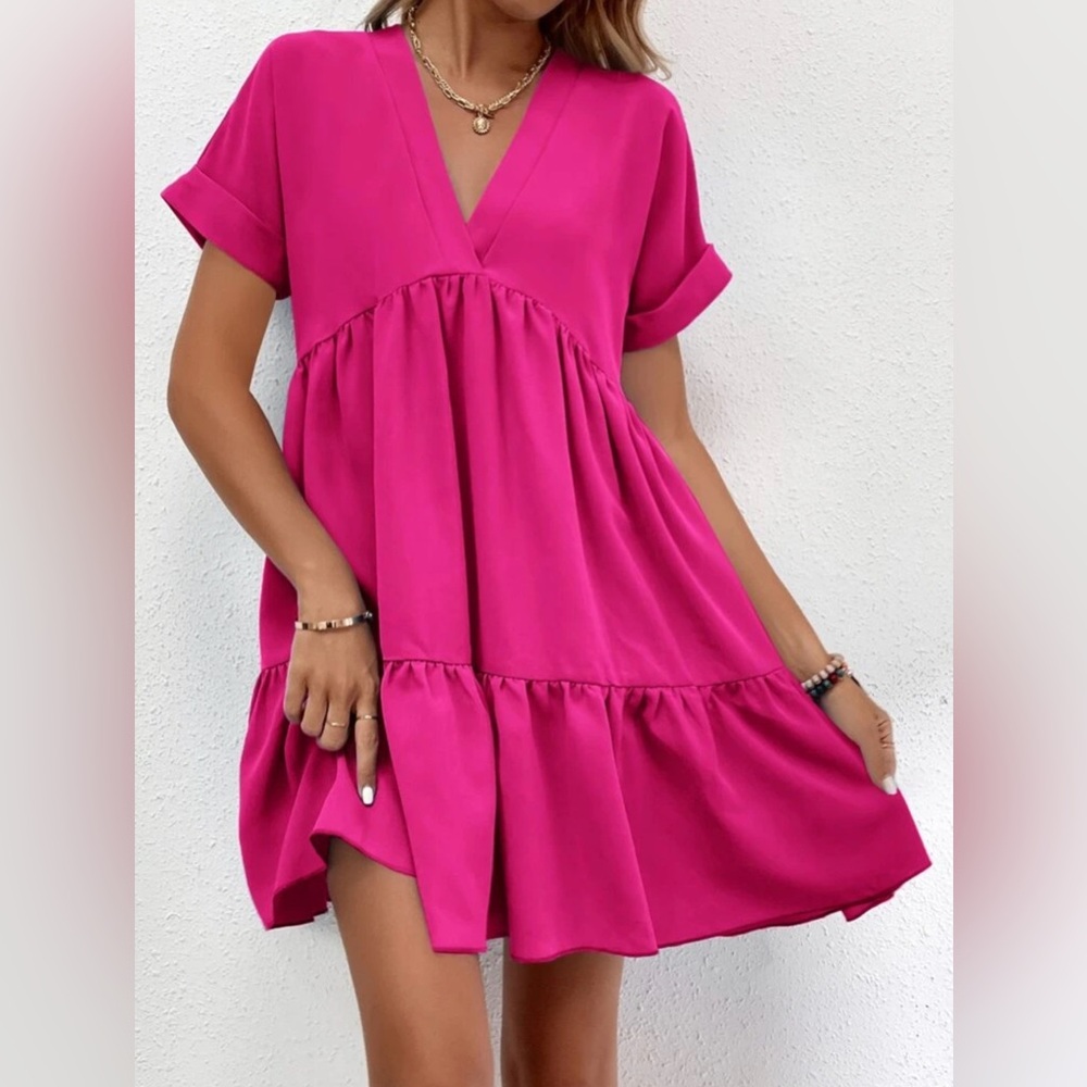 Roll Cuff Ruffle Hem Solid Dress